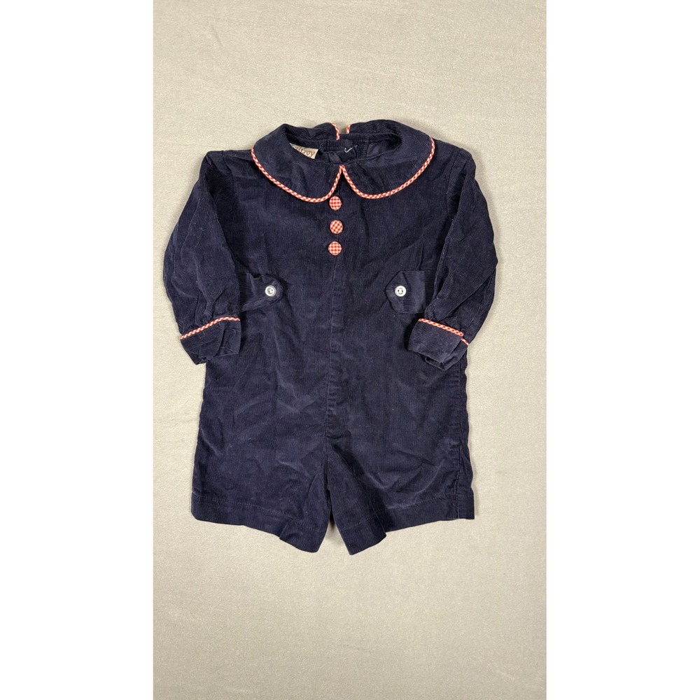 Anvy Kids Romper Boys 12MO Navy Blue Corduroy Gingham Trim Peter Pan Collar USA
